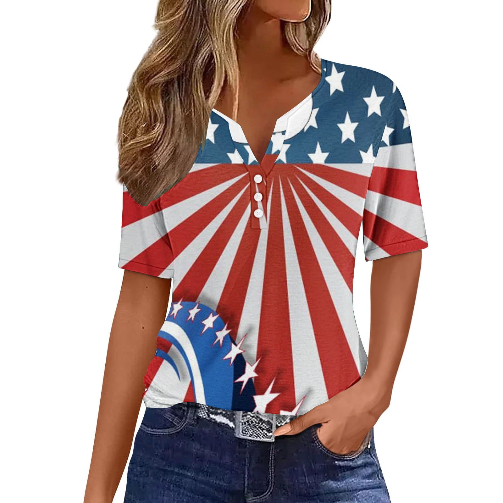 Fanxing Women's USA Flag Henley Shirt Casual Short Sleeve V Neck Button