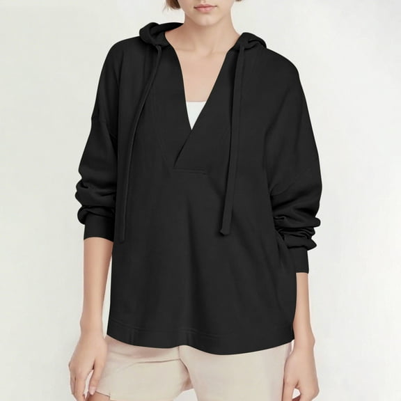 Fanxing Women's V Neck Hoodies Y2k Long Sleeve Drawstring Pullover Casual Solid Color Sweatshirt Fall Fashion Loose Soft Tops Black 2XL