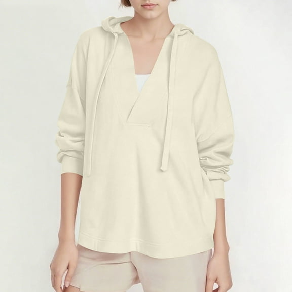 Fanxing Women's V Neck Hoodies Y2k Long Sleeve Drawstring Pullover Casual Solid Color Sweatshirt Fall Fashion Loose Soft Tops Khaki 2XL