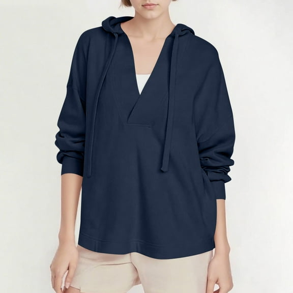 Fanxing Women's V Neck Hoodies Y2k Long Sleeve Drawstring Pullover Casual Solid Color Sweatshirt Fall Fashion Loose Soft Tops Navy 2XL