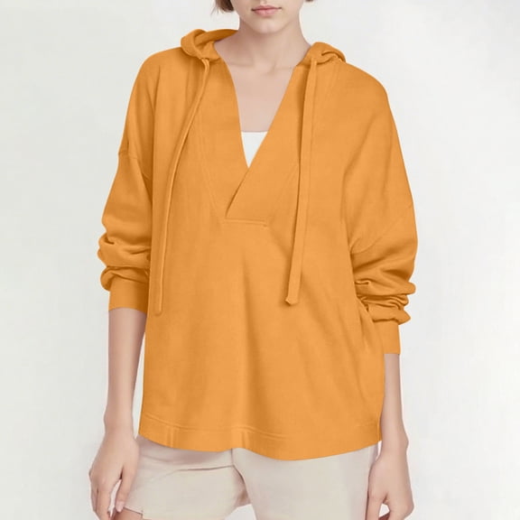 Fanxing Women's V Neck Hoodies Y2k Long Sleeve Drawstring Pullover Casual Solid Color Sweatshirt Fall Fashion Loose Soft Tops Orange S