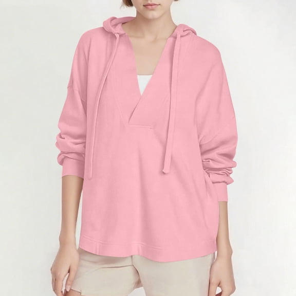 Fanxing Women's V Neck Hoodies Y2k Long Sleeve Drawstring Pullover Casual Solid Color Sweatshirt Fall Fashion Loose Soft Tops Pink S