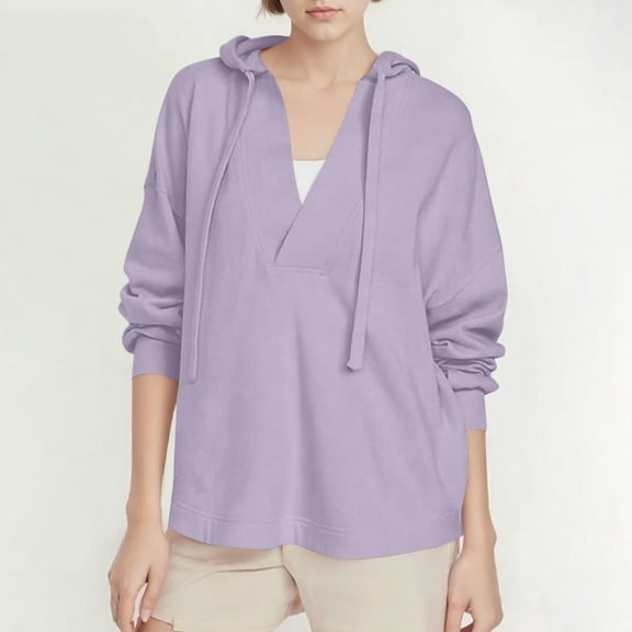 Fanxing Women's V Neck Hoodies Y2k Long Sleeve Drawstring Pullover Casual Solid Color Sweatshirt Fall Fashion Loose Soft Tops Purple M