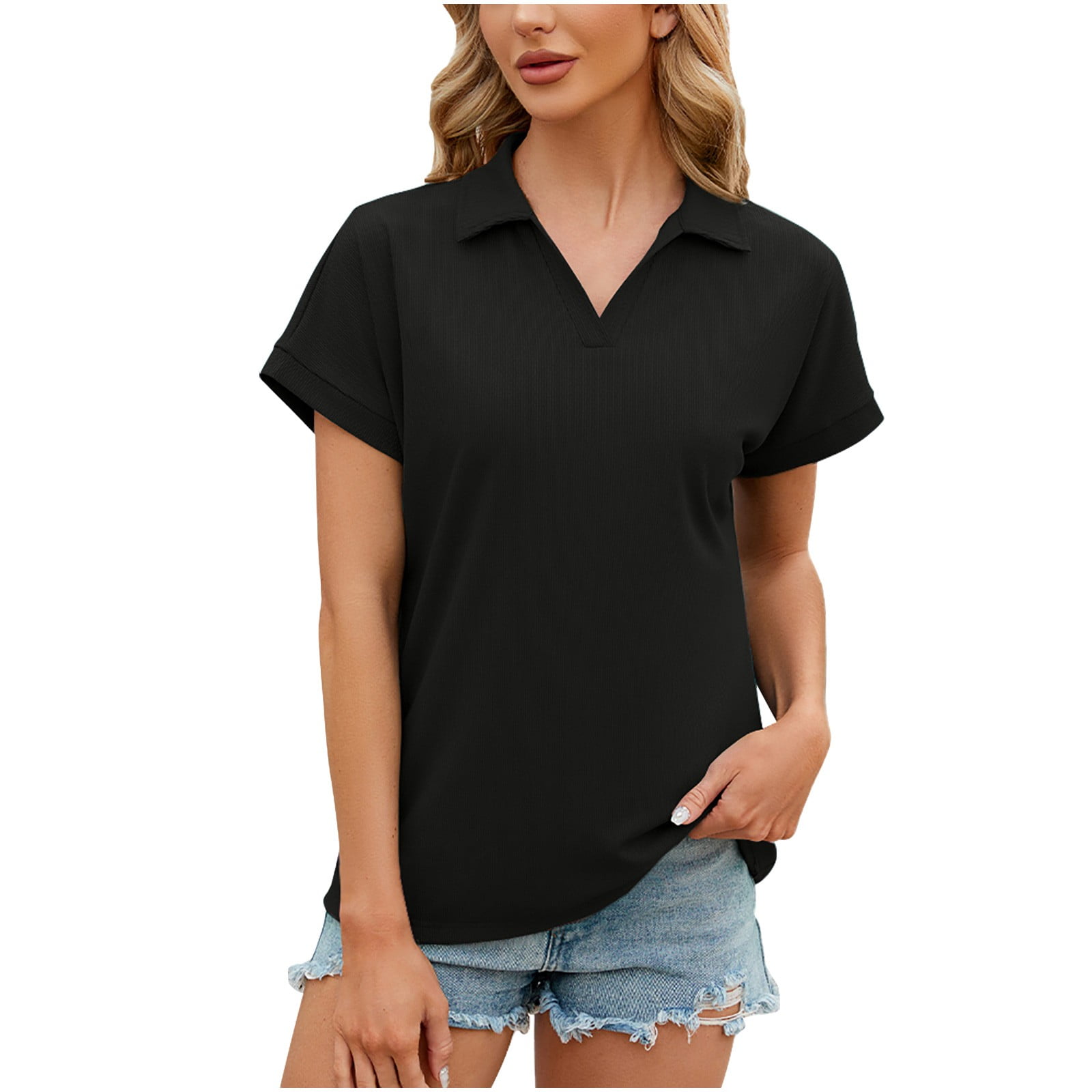 Fanxing Women's V Neck Polo Shirts Slim Fit Solid Short Fanxing Women's V Neck Polo Shirts Slim Fit Solid Short