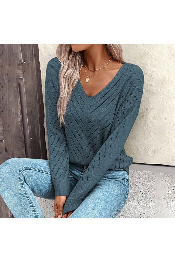 Women's V Neck Pullover Sweater Hollow Out Lightweight Knit Tops Work Business Dressy Casual Long Sleeve Jumper Blouses Navy XL