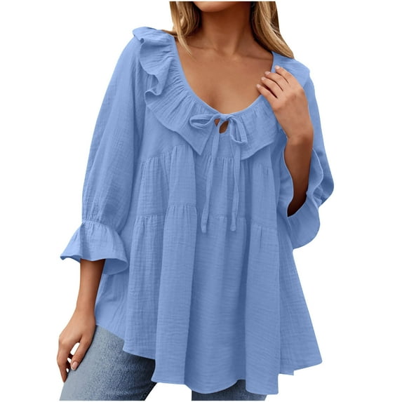 Fanxing Women's V Neck Shirts Dressy Casual 3/4 Sleeve Tops Babydoll Cute Ruffles Tunic Blouse Swing T Shirts Blue,XL
