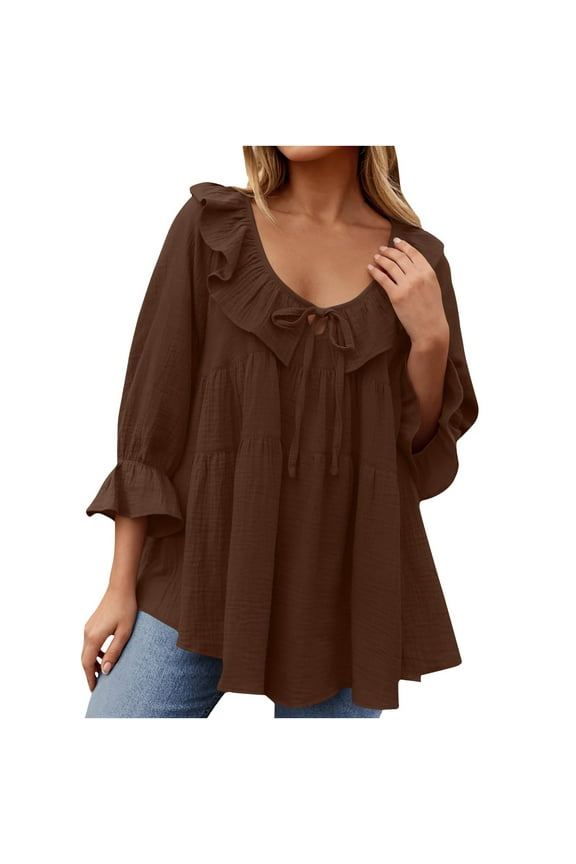 Women's V Neck Shirts Dressy Casual 3/4 Sleeve Tops Babydoll Cute Ruffles Tunic Blouse Swing T Shirts Brown,M