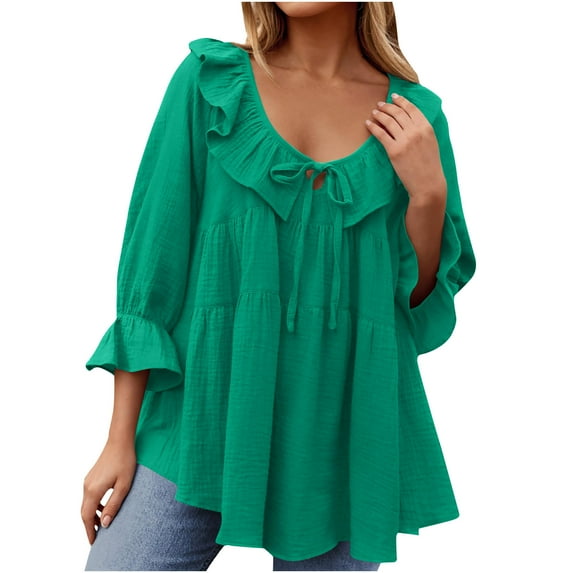 Fanxing Women's V Neck Shirts Dressy Casual 3/4 Sleeve Tops Babydoll Cute Ruffles Tunic Blouse Swing T Shirts Green,L