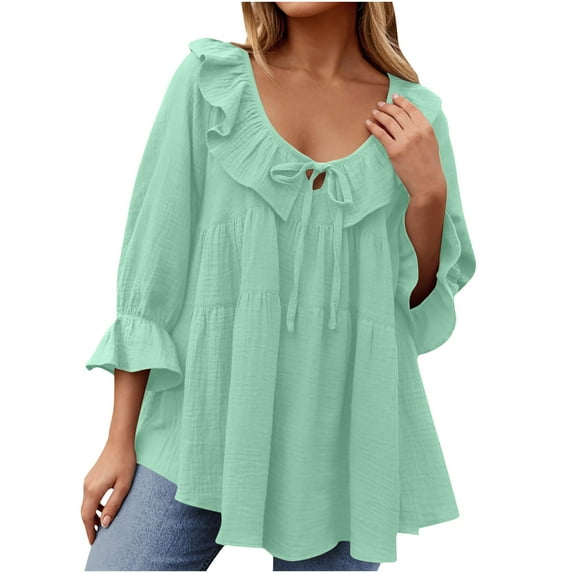 Fanxing Women's V Neck Shirts Dressy Casual 3/4 Sleeve Tops Babydoll Cute Ruffles Tunic Blouse Swing T Shirts Green,XL