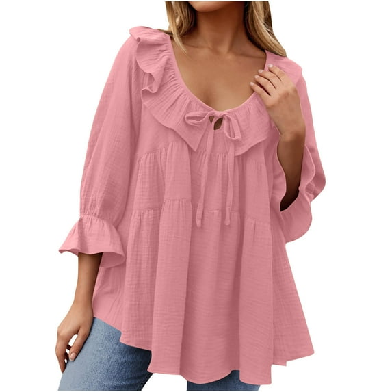 Fanxing Women's V Neck Shirts Dressy Casual 3/4 Sleeve Tops Babydoll Cute Ruffles Tunic Blouse Swing T Shirts Pink,M