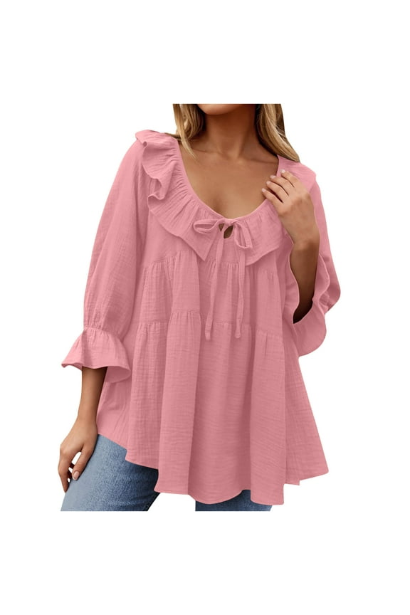 Women's V Neck Shirts Dressy Casual 3/4 Sleeve Tops Babydoll Cute Ruffles Tunic Blouse Swing T Shirts Pink,M