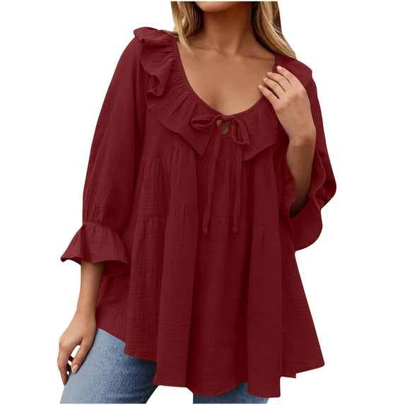Fanxing Women's V Neck Shirts Dressy Casual 3/4 Sleeve Tops Babydoll Cute Ruffles Tunic Blouse Swing T Shirts Red,XXL