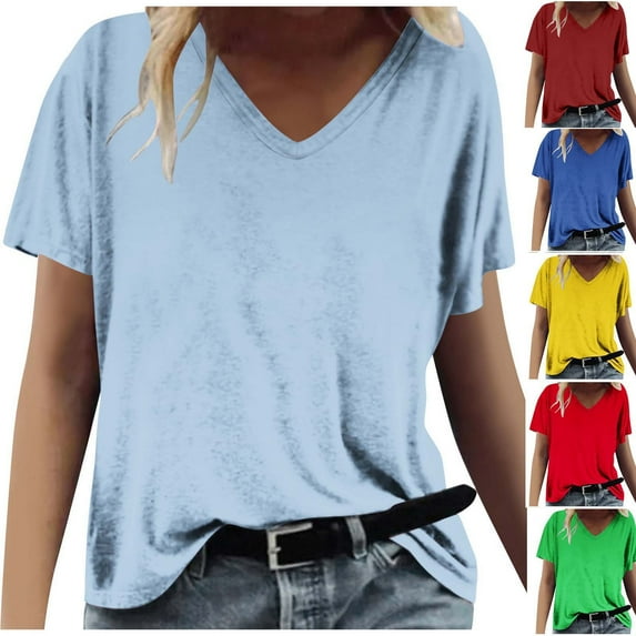 Fanxing Women's V Neck Short Sleeve T Shirts Loose Fit Tunic Summer Tops Dressy Casual Solid Color T-Shirts Green,M