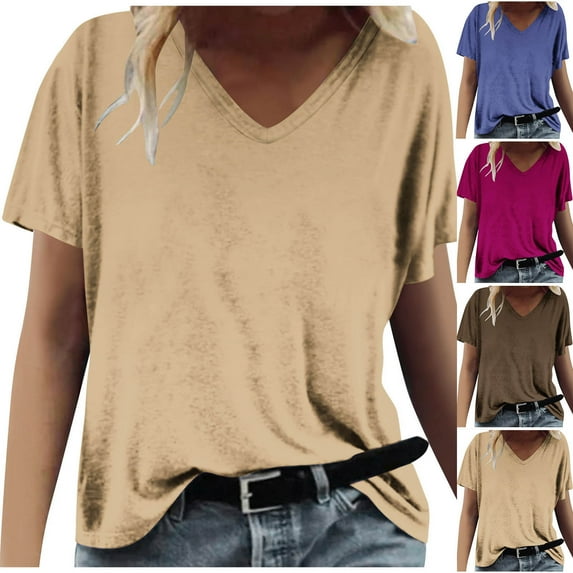Fanxing Women's V Neck Short Sleeve T Shirts Loose Fit Tunic Summer Tops Dressy Casual Solid Color T-Shirts Khaki,M