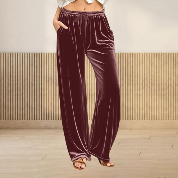 Fanxing Women's Velvet Wide Leg Pants Drawstring Waist Baggy Sweatpants Casual Loose Comfy Straight Trouser with Pockets Wine L