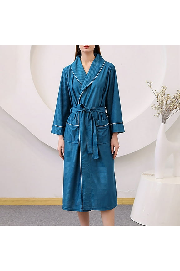 Women's Waffle Robes Lightweight Loose Kimono Pajamas Bathrobe Long Sleeve Soft Spa Shower Nightgowns with Pockets Blue M
