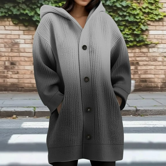 Fanxing Women's Winter Knitted Thick Cardigan Hoodie Sweater Coat Gradient Long Sleeve Buttons Down Warm Crochet Jakcet with Pocket Black L