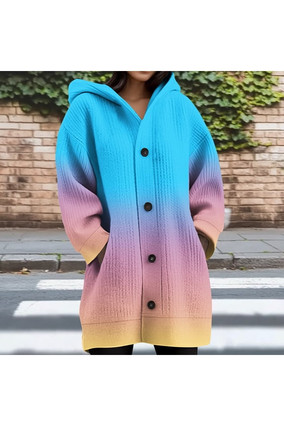 Women's Winter Knitted Thick Cardigan Hoodie Sweater Coat Gradient Long Sleeve Buttons Down Warm Crochet Jakcet with Pocket Hot Pink M