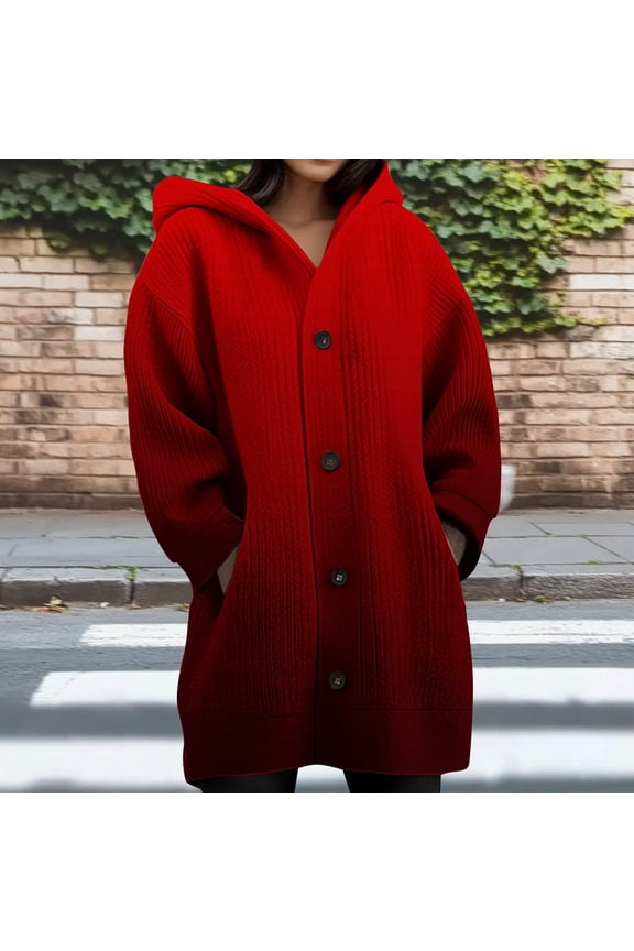 Women's Winter Knitted Thick Cardigan Hoodie Sweater Coat Gradient Long Sleeve Buttons Down Warm Crochet Jakcet with Pocket Red L