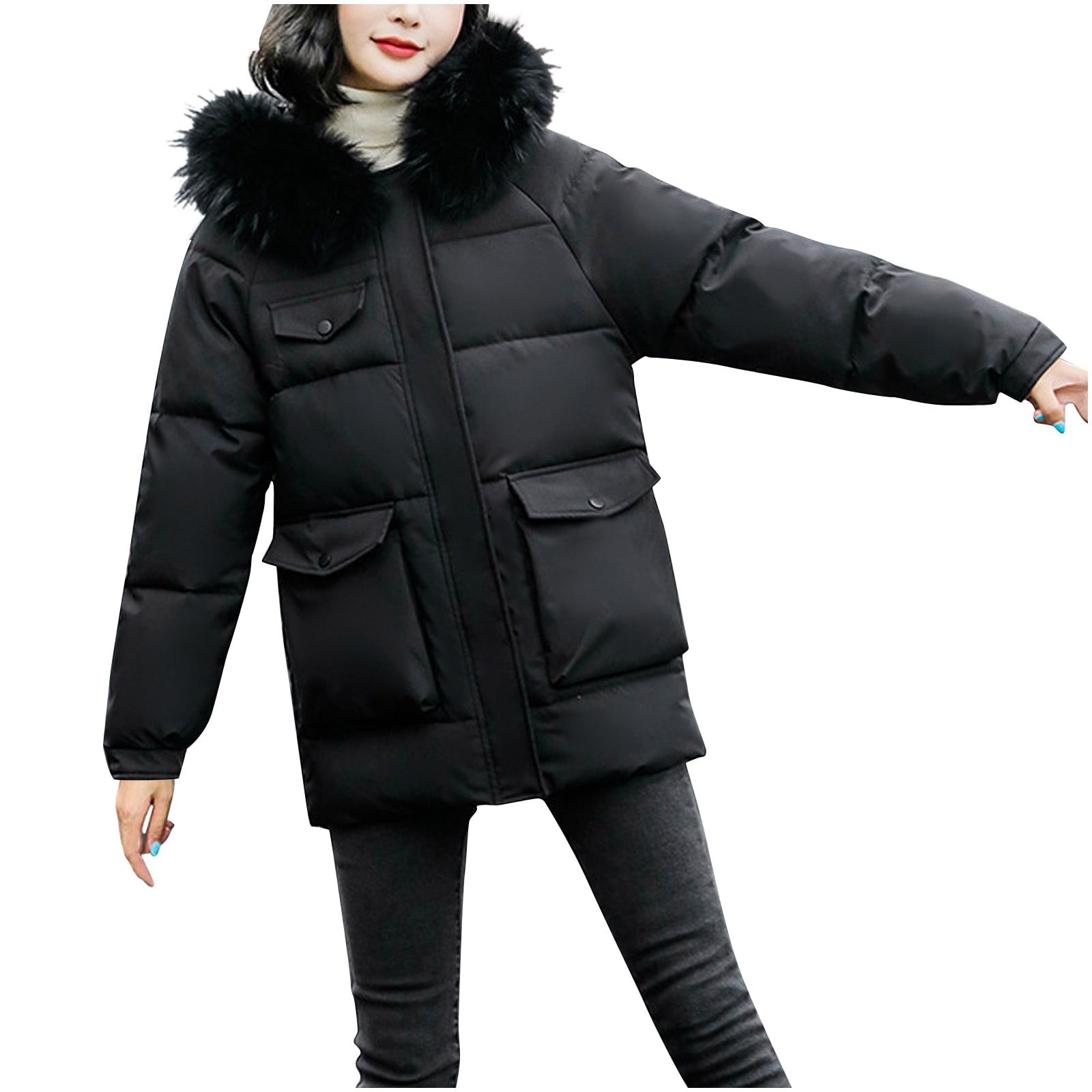 Fanxing Women's Winter Warm Quilted Puffer Jacket with Faux Fur Hood