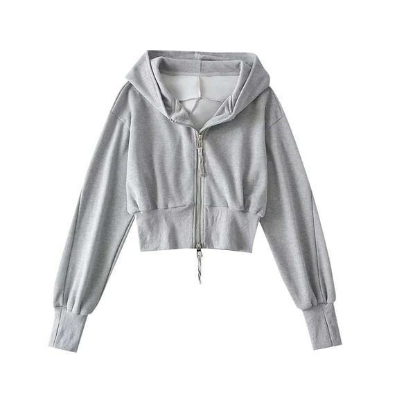 Fanxing Women's Zip Up Hoodie Jacket Y2K Preppy Drawstring Crop Sweatshirt Tops Gray S