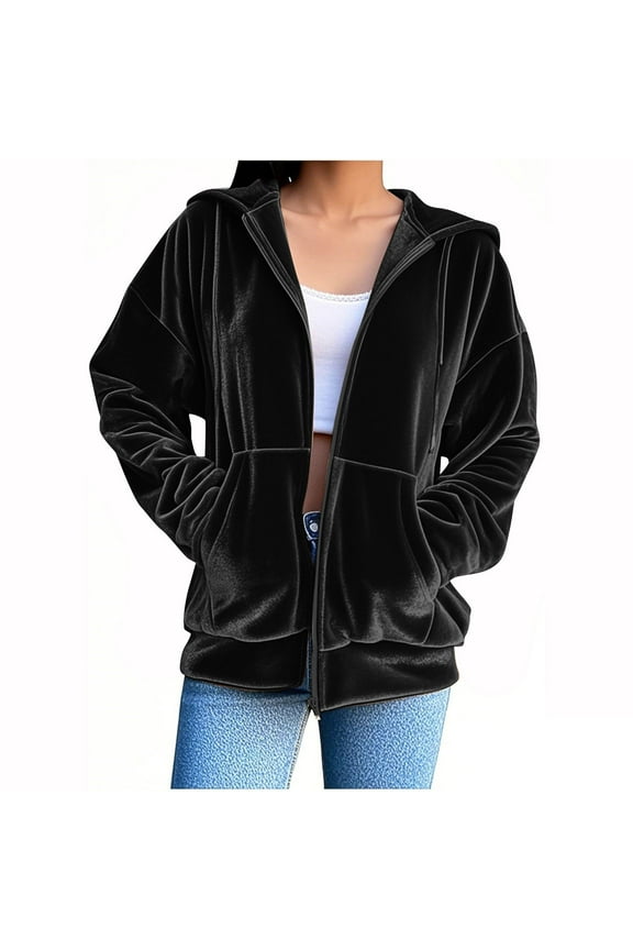 Women's Zip Up Velvet Hoodie Long Sleeve Sweatshirt Jacket with Hood Casual Soft Velour Outerwear with Pockets Black 2XL