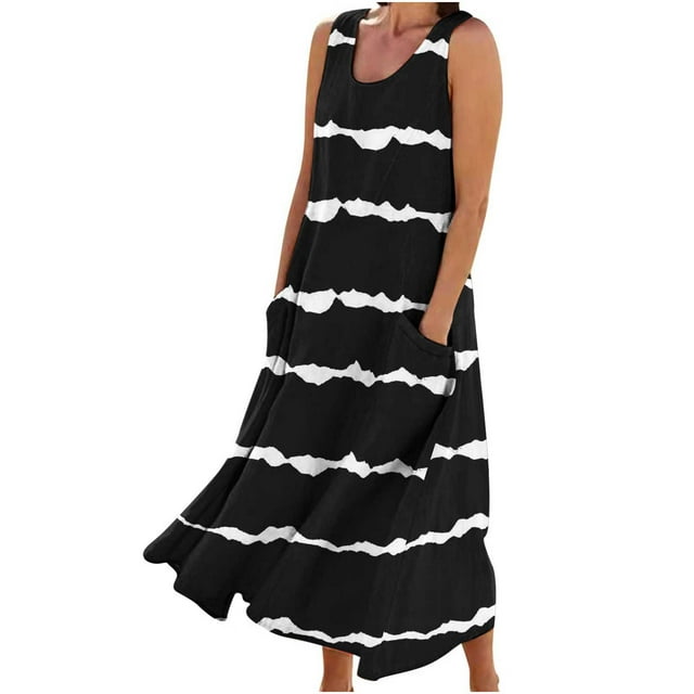 Fanxing Womens 2024 Casual Sleeveless Sundress Striped Long Dress ...