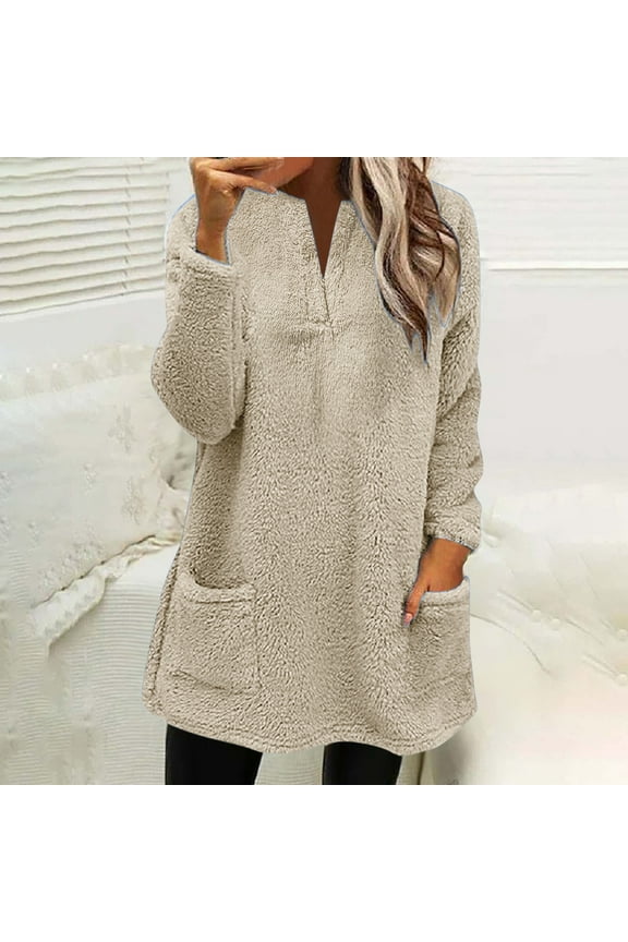 Womens 2025 Fashion Fuzzy Warm Casual Loose Hooded Sweatshirt Hoodies with Pockets Outerwear Khaki,M