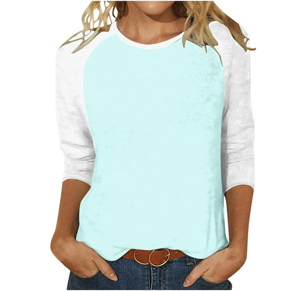 Fanxing Womens 3/4 Sleeve Fashion Crewneck Tops Patchwork Blouse Casual Loose Comfy Shirt Light Blue,M