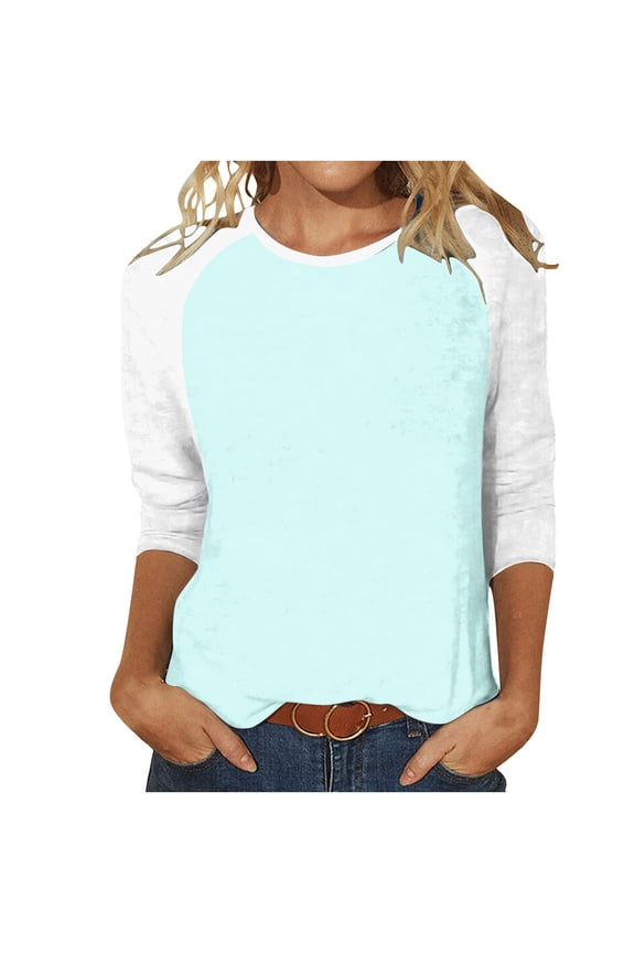 Womens 3/4 Sleeve Fashion Crewneck Tops Patchwork Blouse Casual Loose Comfy Shirt Light Blue,S