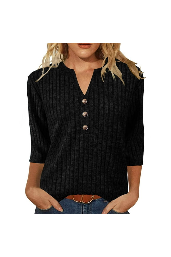 Womens 3/4 Sleeve Pullover Sweaters Cozy V Neck Henley Button Tunic Tops Casual Dressy Soft Fall Knit Blouses Black L