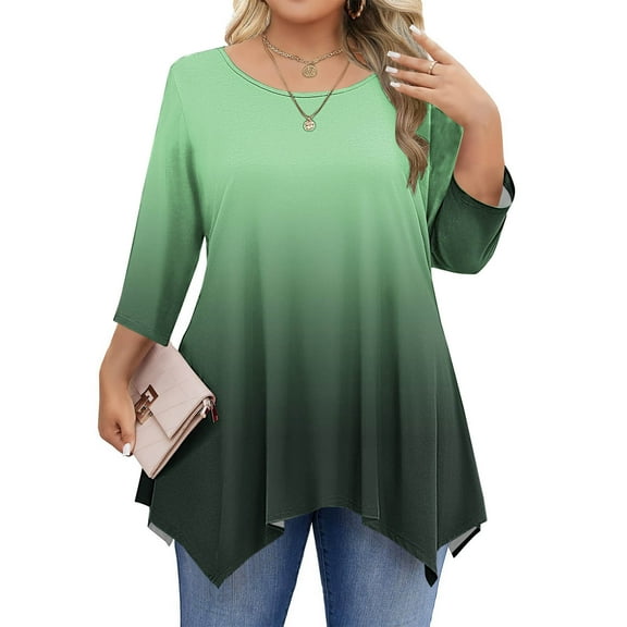 Fanxing Womens 3/4 Sleeve Tops Plus Size Handkerchief Hem Ruffle Tunic Shirts Gradient Trendy Loose Crewneck Dressy Casual Blouse Green XL
