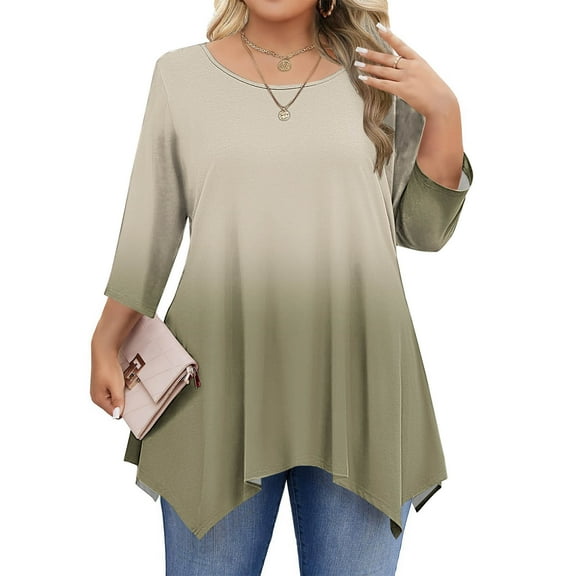 Fanxing Womens 3/4 Sleeve Tops Plus Size Handkerchief Hem Ruffle Tunic Shirts Gradient Trendy Loose Crewneck Dressy Casual Blouse Khaki 2XL