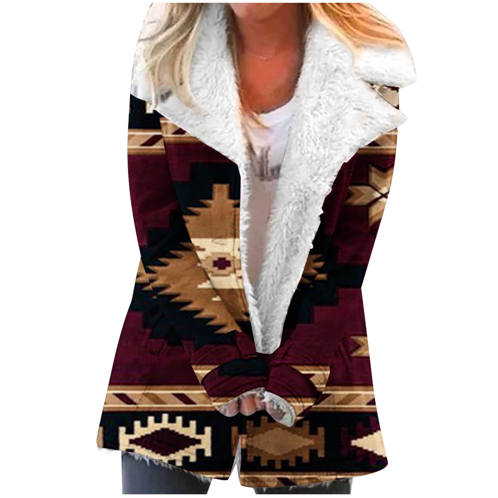 Fanxing Womens Aztec Jacket Coat Cozy Sherpa Fleece Vintage Ethnic Pea