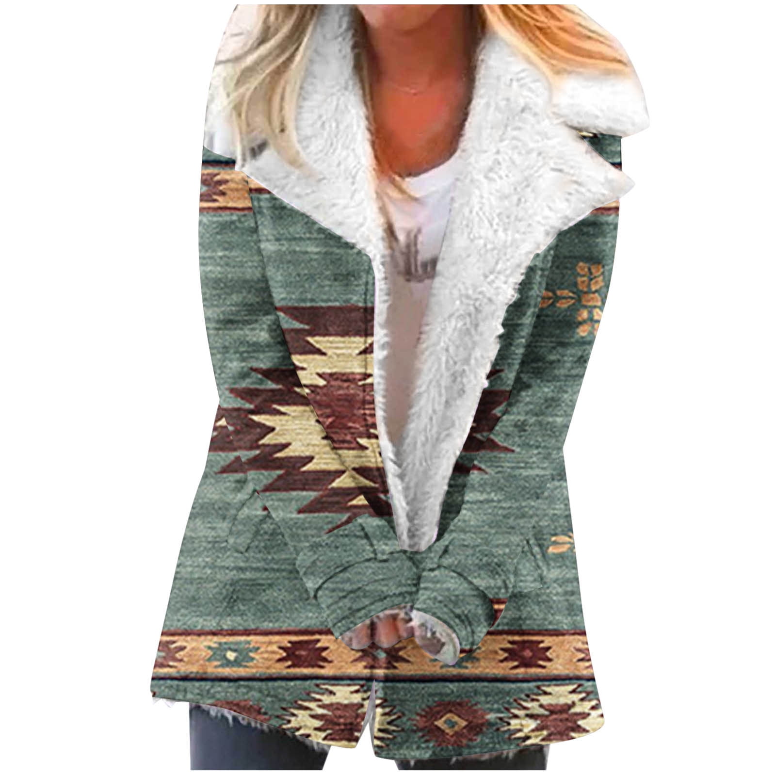 Fanxing Womens Aztec Jacket Coat Cozy Sherpa Fleece Vintage Ethnic Pea