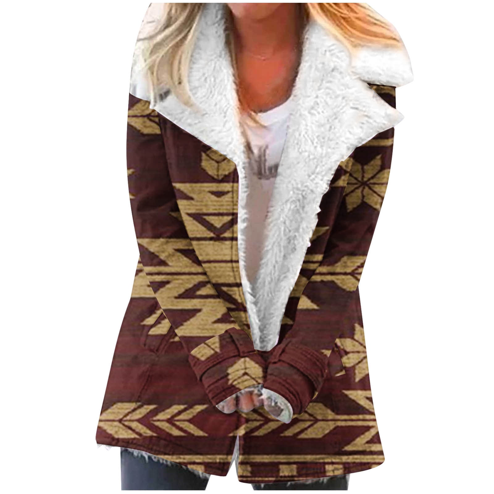 Fanxing Womens Aztec Jacket Coat Cozy Sherpa Fleece Vintage Ethnic Pea