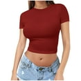 thumbnail image 1 of Fanxing Womens Basic Short Sleeve Slim Fit T Shirts Soft Crewneck Crop Y2k Tee Summer Cute Gym Fashion Clothes Wine, 1 of 7