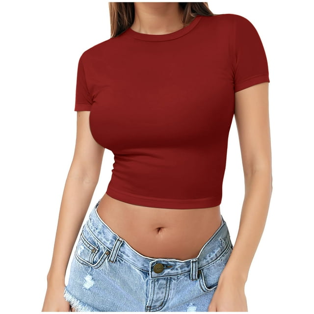 Fanxing Womens Basic Short Sleeve Slim Fit T Shirts Soft Crewneck Crop Y2k Tee Summer Cute Gym Fashion Clothes Wine