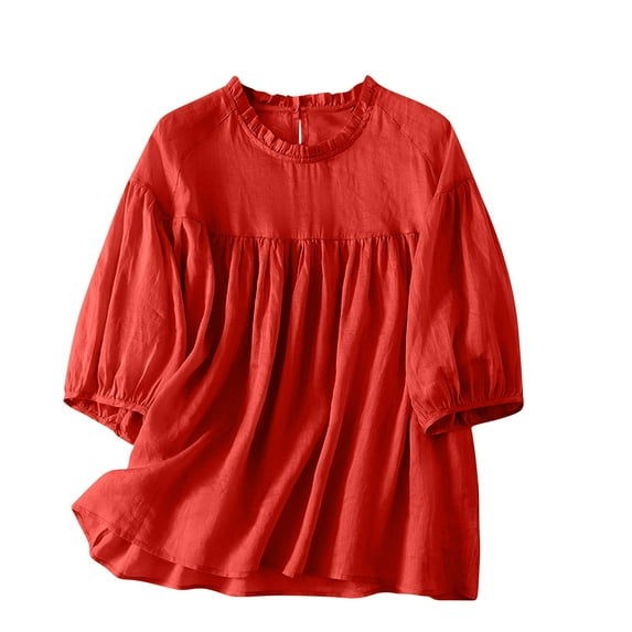 Fanxing Womens Bohemian Summer Tops Dressy Casual Pleated Swing Tops 3/4 Sleeve Shirts Red,M