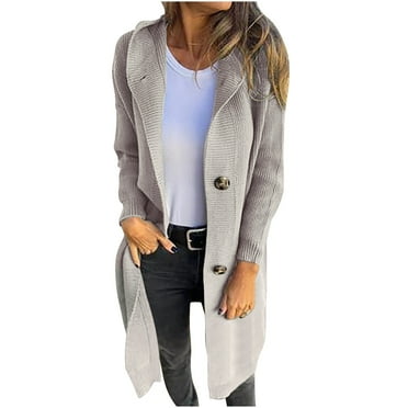 Fanxing Womens Button Down Cardigans Mid-weight Long Sleeve Casual Knitted Jacket Plus Size Hooded Cardigan Sweaters Outerwear Gray,M