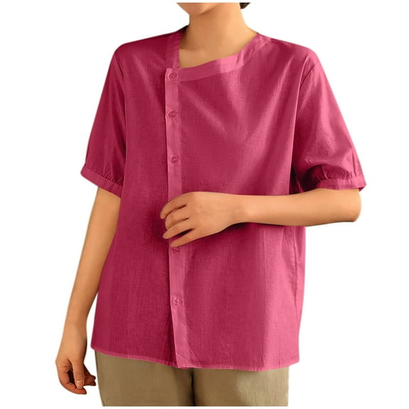 Fanxing Womens Button Down Shirts Linen Short Sleeve Tees Dressy Casual Summer Bohemian Tops Hot Pink,XL