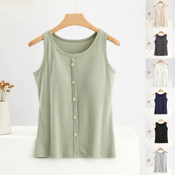 Fanxing Womens Buttons Tank Tops Solid Color Camisoles Dressy Casual Sleeveless T Shirts Navy,L