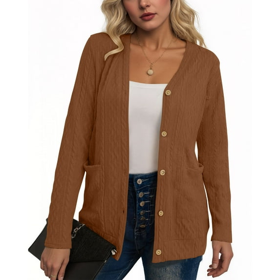 Fanxing Womens Cable Knit Cardigans Long Sleeve Open Front Chunky Sweaters Winter Coats Trendy Button Down Jumper Jacket Brown M
