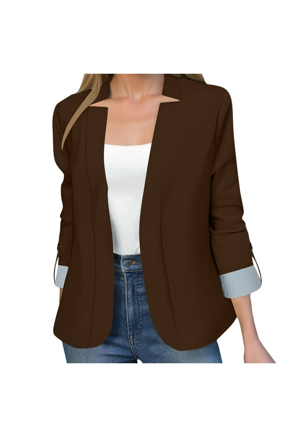 Womens Casual Blazers Notch Neck Open Front Long Sleeve Work Office Solid Color Suit Jackets Cardigan Brown M