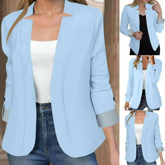Fanxing Womens Casual Blazers Notch Neck Open Front Long Sleeve Work Office Solid Color Suit Jackets Cardigan Light Blue 2XL