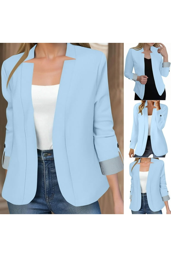 Womens Casual Blazers Notch Neck Open Front Long Sleeve Work Office Solid Color Suit Jackets Cardigan Light Blue L