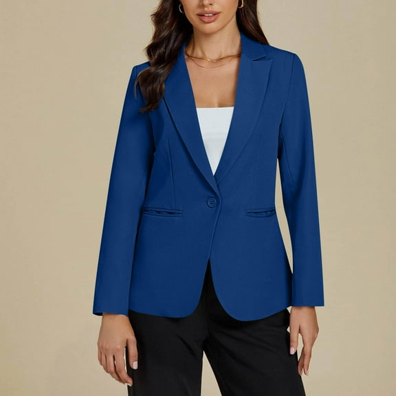 Fanxing Womens Casual Blazers One Button Dressy Suit Jackets Long Sleeve Open Front Outwear with Pockets Fall Outfits Blue M