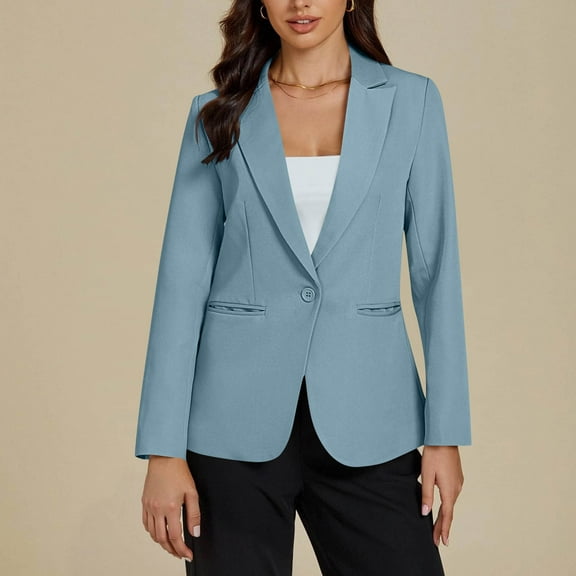 Fanxing Womens Casual Blazers One Button Dressy Suit Jackets Long Sleeve Open Front Outwear with Pockets Fall Outfits Light Blue M