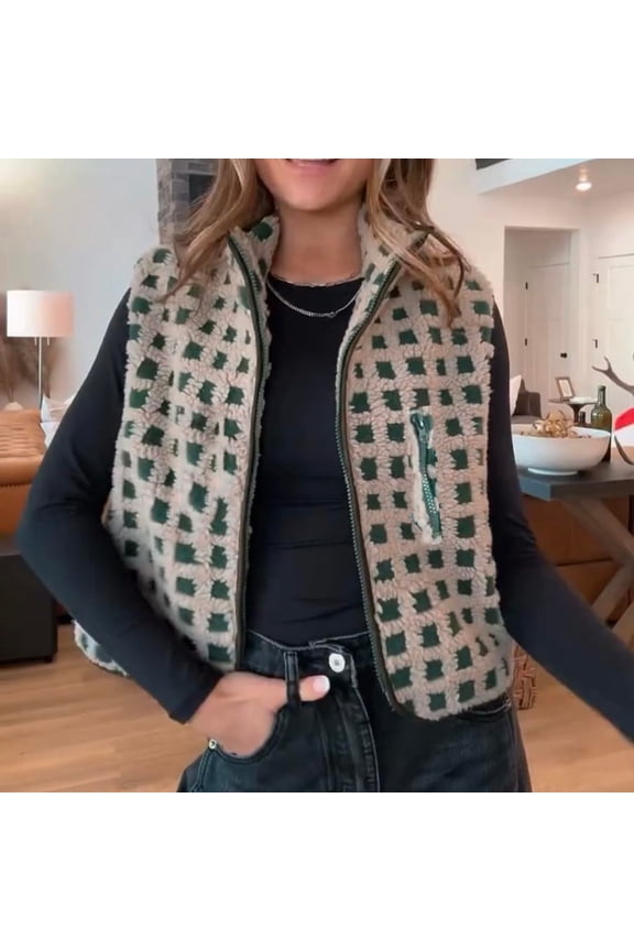 Womens Checkered Sherpa Vest Sleeveless Winter Fleece Jacket High Neck Zip Up Plaid Gilet with Chest Pocket Green M