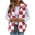thumbnail image 1 of Fanxing Womens Checkered Sherpa Vests Polar Fleece Fuzzy Zip Up Sleeveless Jacket Lightweight Spring Fall Stand Collar Outwear Red 2XL, 1 of 7
